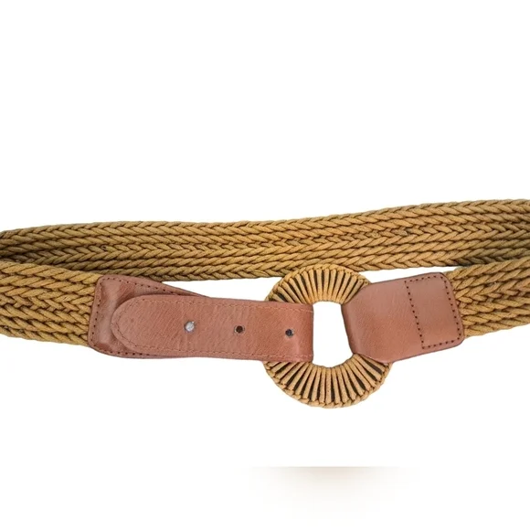 Braided rope circle round buckle ladies belt coastal BOHO brown weave S-M - Picture 3 of 4